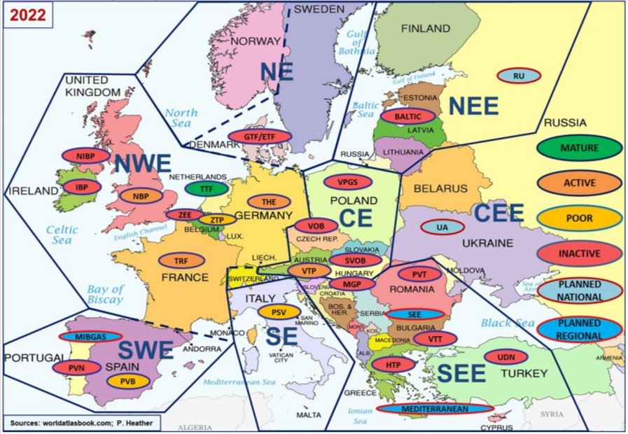 Малюнок 1. Європейські газові регіони, ринки та хаби: 2022 рік.